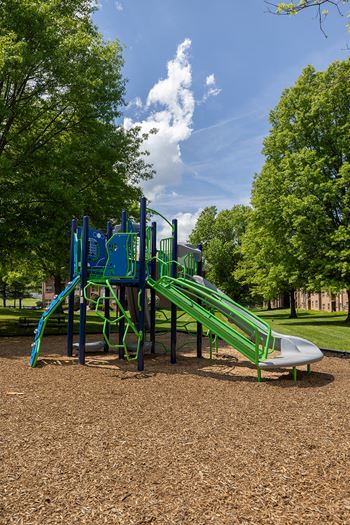 A playground with a green slide and a blue climbing frame.